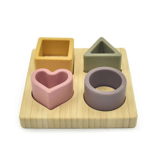 Silicone Pastel Shapes Puzzle With Bamboo Board Learning Toy: Pastel