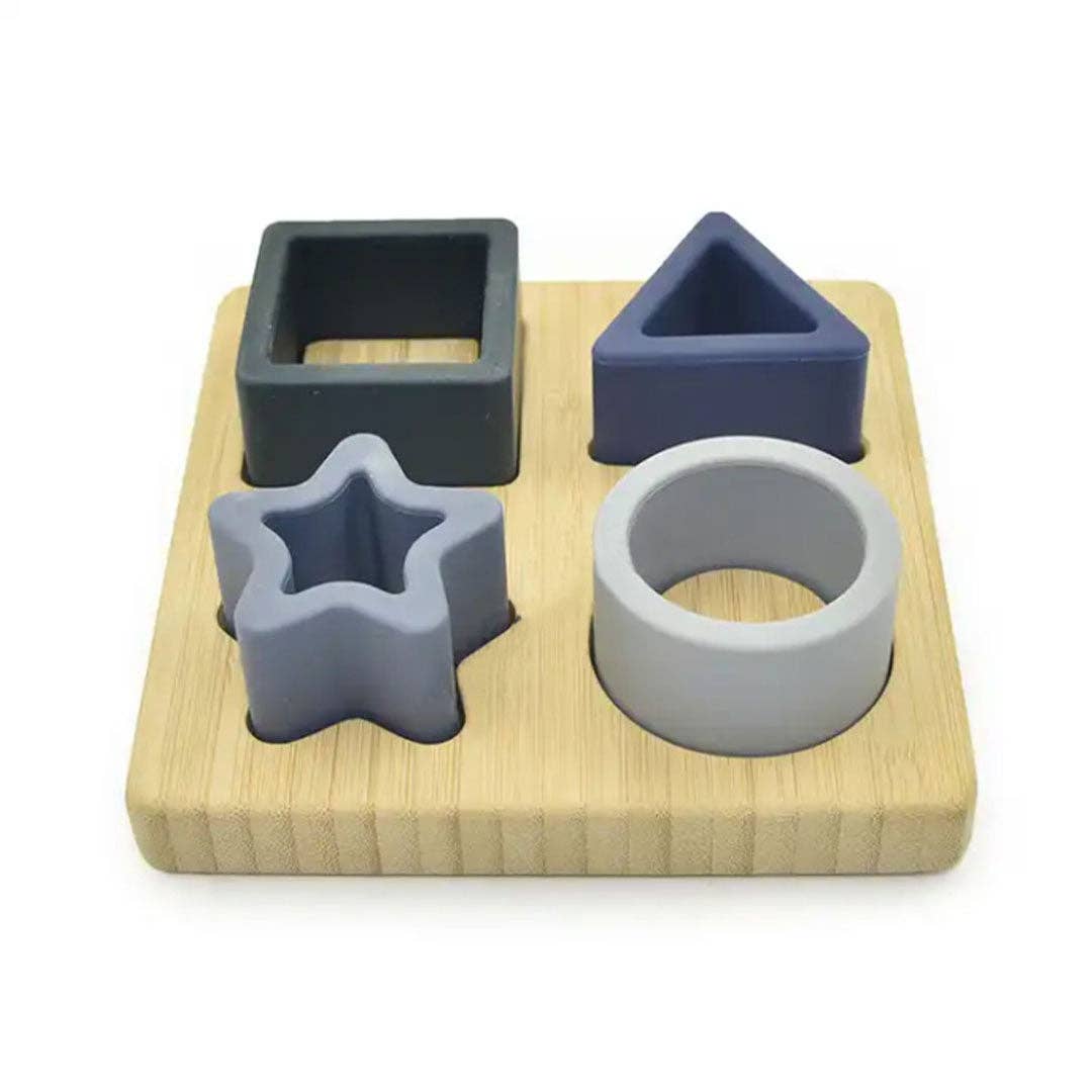 Silicone Blue Shapes Puzzle With Bamboo Board Learning Toy: Blue